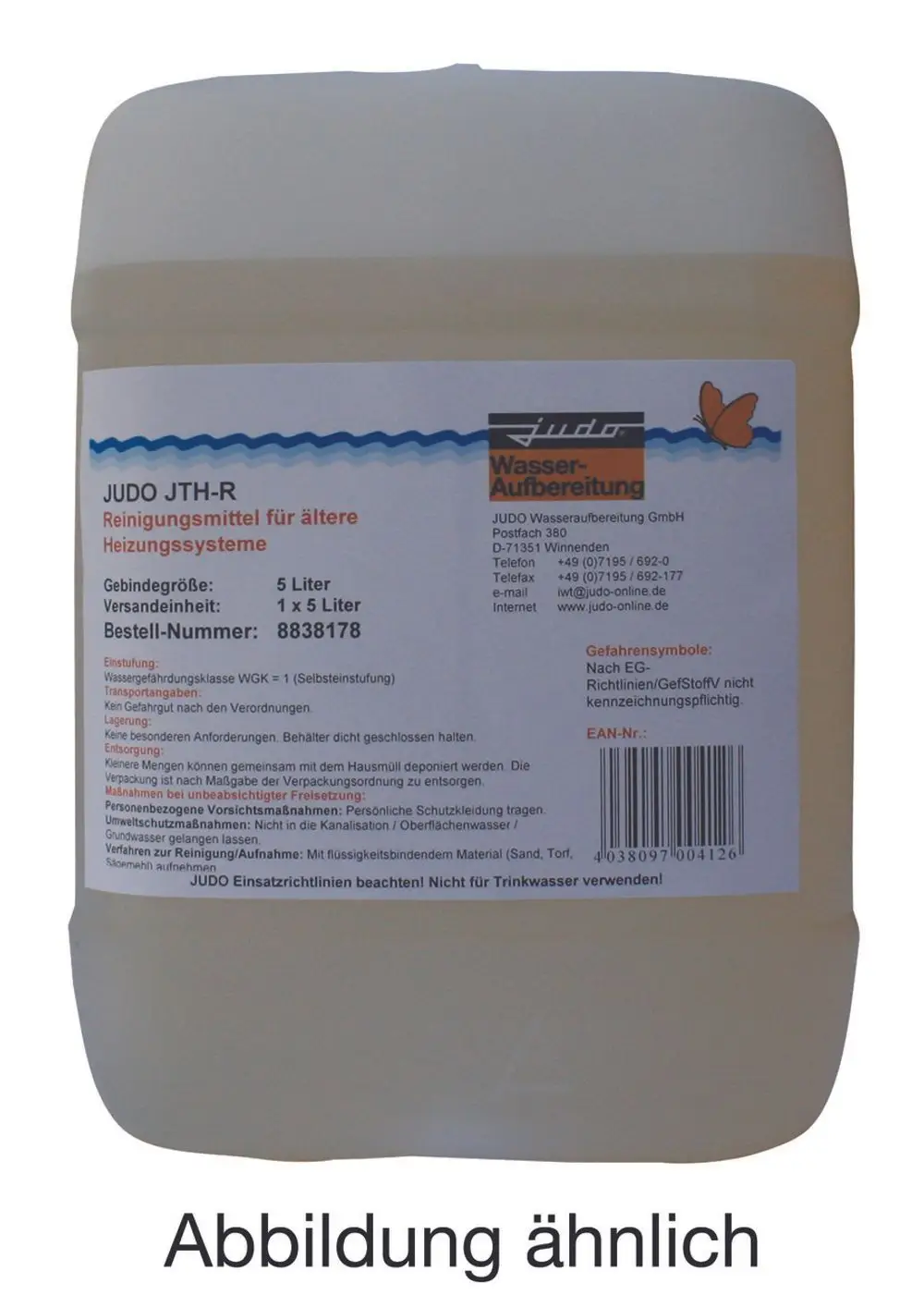 JUDO Produkt in einer 5 Liter Flasche, Beschreibung in deutscher Sprache. Warnhinweise und Anleitungen zur sicheren Handhabung auf dem Etikett. Nicht für Trinkwasser verwenden.